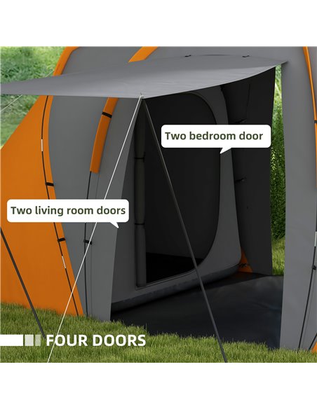 Outsunny Large Camping Tent Tunnel Tent with 2 Bedroom and Living Area, 2000mm Waterproof, Portable with Bag for 4-6 Man, Orange - pic 65108 | FastDaddyshop