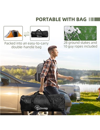 Outsunny Large Camping Tent Tunnel Tent with 2 Bedroom and Living Area, 2000mm Waterproof, Portable with Bag for 4-6 Man, Orange