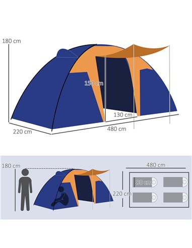 Outsunny 4-6 Person Camping Tunnel Tent with 2 Bedrooms, Living Area, Porch, 2000mm Waterproof, Easy Setup, Portable with Bag A2