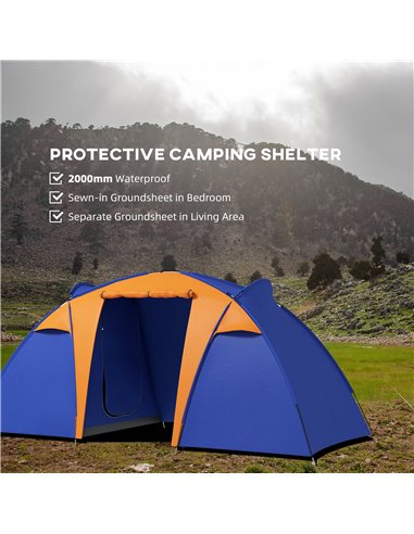 Outsunny 4-6 Person Camping Tunnel Tent with 2 Bedrooms, Living Area, Porch, 2000mm Waterproof, Easy Setup, Portable with Bag A2