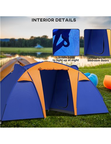 Outsunny 4-6 Person Camping Tunnel Tent with 2 Bedrooms, Living Area, Porch, 2000mm Waterproof, Easy Setup, Portable with Bag A2
