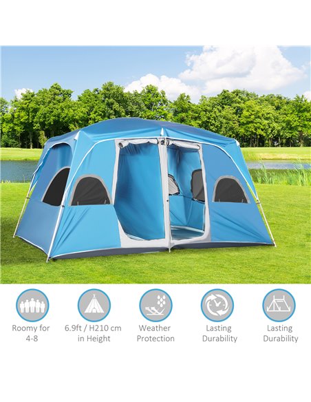 Outsunny 4-8 Person Camping Tent Family Tent with 2 Room, Mesh Windows, Easy Set Up for Backpacking, Hiking, Outdoor, Blue A20-2 - pic 65128 | FastDaddyshop