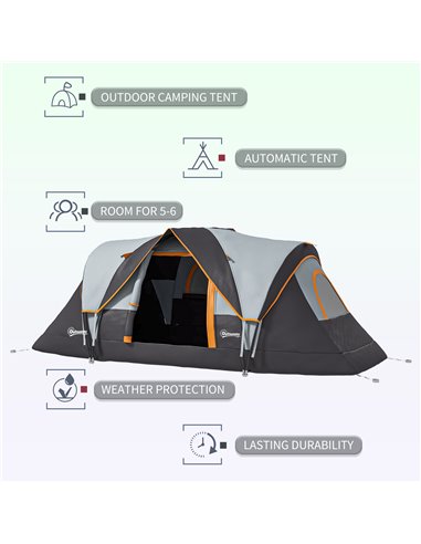 Outsunny 5-6 Man Dome Camping Tent Hiking Shelter UV Protection 3000mm Water Resistant Tunnel Tent - Multicolor A20-132V00MX