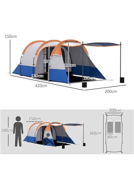 Outsunny Camping Tent, Large Tunnel Tent with Bedroom and Living Area, 2000mm Waterproof, Portable with Bag for 2-3 Man, Orange  - pic 65205 | FastDaddyshop