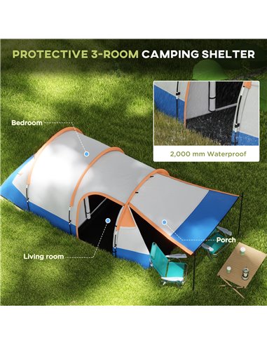 Outsunny Camping Tent, Large Tunnel Tent with Bedroom and Living Area, 2000mm Waterproof, Portable with Bag for 2-3 Man, Orange 