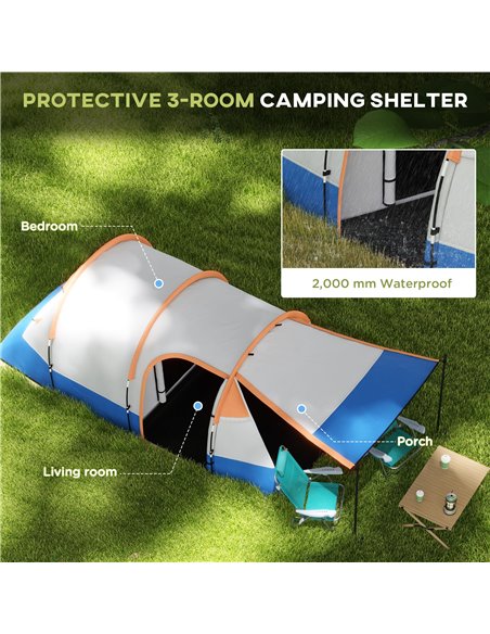 Outsunny Camping Tent, Large Tunnel Tent with Bedroom and Living Area, 2000mm Waterproof, Portable with Bag for 2-3 Man, Orange  - pic 65206 | FastDaddyshop