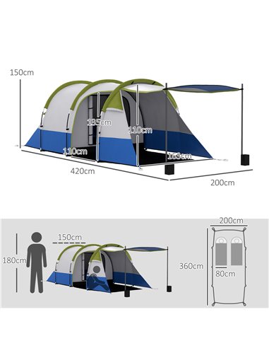 Outsunny Camping Tent, Large Tunnel Tent with Bedroom and Living Area, 2000mm Waterproof, Portable with Bag for 2-3 Man, Green A