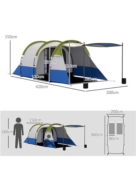 Outsunny Camping Tent, Large Tunnel Tent with Bedroom and Living Area, 2000mm Waterproof, Portable with Bag for 2-3 Man, Green A - pic 65223 | FastDaddyshop