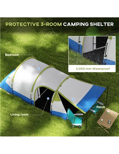 Outsunny Camping Tent, Large Tunnel Tent with Bedroom and Living Area, 2000mm Waterproof, Portable with Bag for 2-3 Man, Green A