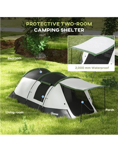 Outsunny Family Camping Tunnel Tent for 3-4 Persons, 2000mm Waterproof, Lightweight with Carry Bag, Green A20-417V00GN