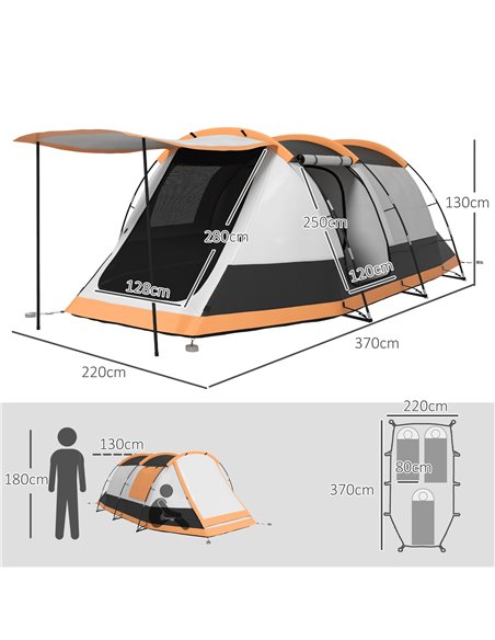 Outsunny 3-4 Man Camping Tent, Family Tunnel Tent, 2000mm Waterproof, Portable with Bag, Orange A20-417V00OG - pic 65241 | FastDaddyshop