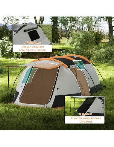 Outsunny 3-4 Man Camping Tent, Family Tunnel Tent, 2000mm Waterproof, Portable with Bag, Orange A20-417V00OG