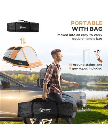 Outsunny 3-4 Man Camping Tent, Family Tunnel Tent, 2000mm Waterproof, Portable with Bag, Orange A20-417V00OG