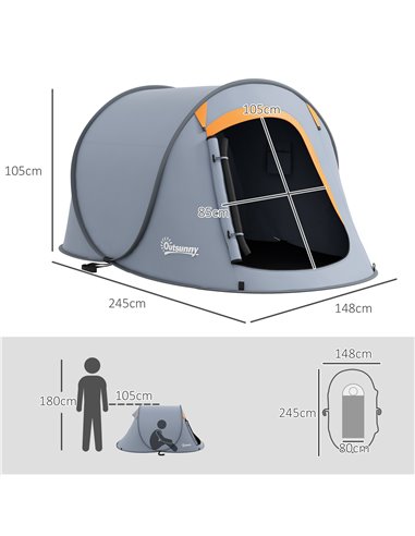 Outsunny 2 Man Pop up Camping Tent, 2000mm Waterproof with Carry Bag for Fishing Hiking Backpacking, Grey and Orange A20-404V00G