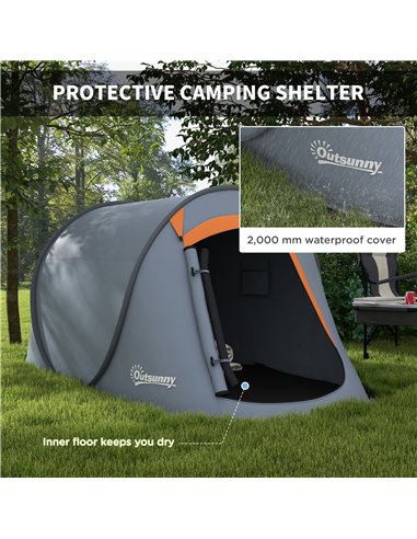 Outsunny 2 Man Pop up Camping Tent, 2000mm Waterproof with Carry Bag for Fishing Hiking Backpacking, Grey and Orange A20-404V00G