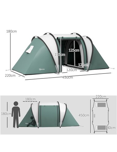 Outsunny Camping Tent with 2 Bedrooms and Living Area, 3000mm Waterproof Family Tent, for Fishing Hiking Festival, Dark Green A2