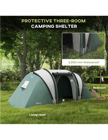 Outsunny Camping Tent with 2 Bedrooms and Living Area, 3000mm Waterproof Family Tent, for Fishing Hiking Festival, Dark Green A2