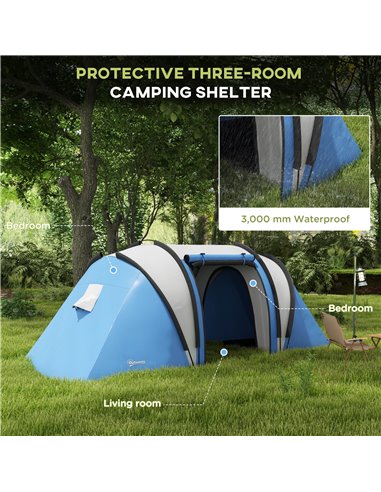 Outsunny Waterproof Camping Tent for Family, 2 Bedrooms & Living Area, 3000mm, Ideal for Fishing Hiking Festivals, Blue A20-387V