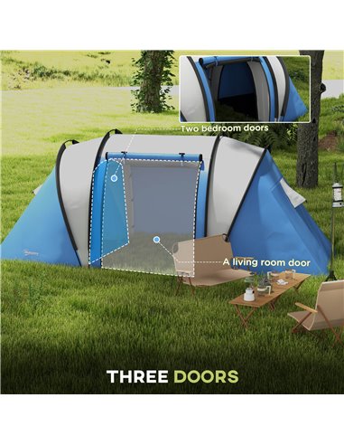 Outsunny Waterproof Camping Tent for Family, 2 Bedrooms & Living Area, 3000mm, Ideal for Fishing Hiking Festivals, Blue A20-387V