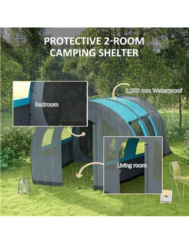 Outsunny 3000mm Waterproof Camping Tent, 5-6 Man Family Tent with Living and Bedroom, Carry Bag Included, Grey and Blue A20-373V