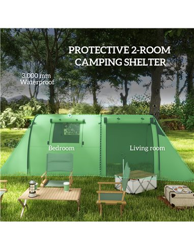 Outsunny 3000mm Waterproof Camping Tent, 3-4 Man Family Tent with Bedroom and Living Room, Portable with Bag, Dark Green A20-400