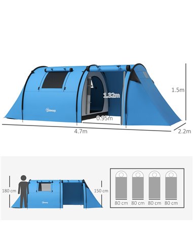 Outsunny 3000mm Waterproof Camping Tent, 3-4 Man Family Tent with Bedroom and Living Room, Portable with Bag, Sky Blue A20-400V0