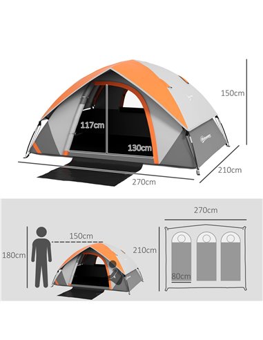 Outsunny 4-5 Man Single Room Camping Tent, 3000mm Waterproof, with Sewn-in Groundsheet and Carry Bag, Grey and Orange A20-407V00