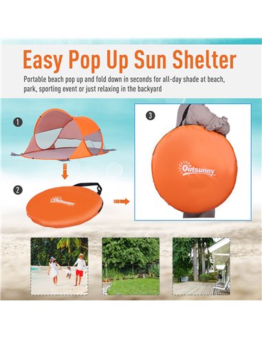 Outsunny Portable Pop-Up Beach Shelter for 1-2 Persons, UV 30+ Protection Automatic Sun Tent, Orange A20-142OG