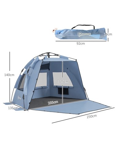 Outsunny Pop Up Beach Tent for 2-3 Persons, UPF15+ Sun Protection Shelter with Extended Groundsheet, Sandbags, Light Blue A20-42