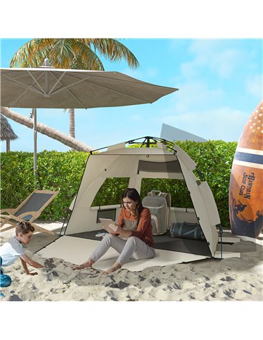 Outsunny 2-3 Person Pop Up Beach Tent, UPF15+ Sun Shelter with Extended Floor, Sandbags, Mesh Windows and Carry Bag, Khaki A20-4