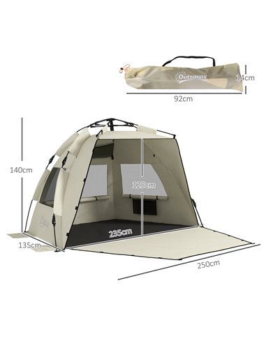 Outsunny 2-3 Person Pop Up Beach Tent, UPF15+ Sun Shelter with Extended Floor, Sandbags, Mesh Windows and Carry Bag, Khaki A20-4