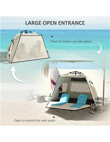 Outsunny 2-3 Person Pop Up Beach Tent, UPF15+ Sun Shelter with Extended Floor, Sandbags, Mesh Windows and Carry Bag, Khaki A20-4