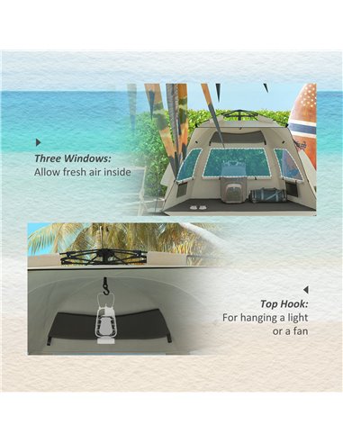 Outsunny 2-3 Person Pop Up Beach Tent, UPF15+ Sun Shelter with Extended Floor, Sandbags, Mesh Windows and Carry Bag, Khaki A20-4