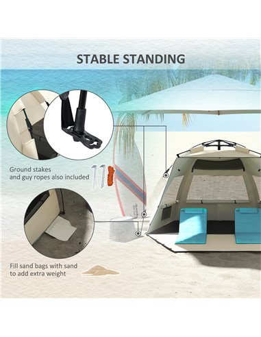 Outsunny 2-3 Person Pop Up Beach Tent, UPF15+ Sun Shelter with Extended Floor, Sandbags, Mesh Windows and Carry Bag, Khaki A20-4