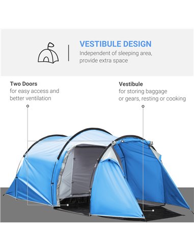 Outsunny Tunnel Tent for 2-3 Persons, Camping Shelter with Vestibule, Air Vents, Rainfly, Weather-Resistant, Blue A20-173LB