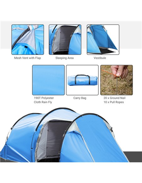 Outsunny Tunnel Tent for 2-3 Persons, Camping Shelter with Vestibule, Air Vents, Rainfly, Weather-Resistant, Blue A20-173LB - pic 65586 | FastDaddyshop