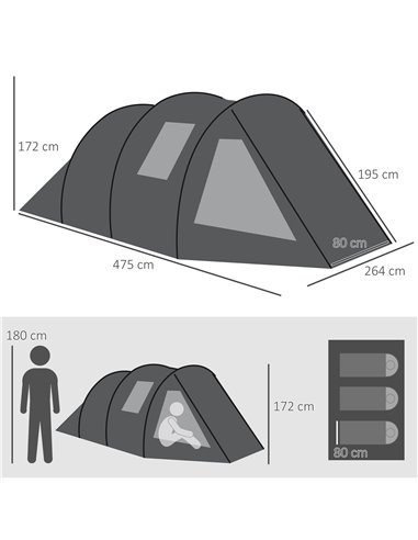 Outsunny Spacious Tunnel Tent for 3-4 Persons, Two-Room Camping Shelter with Windows, Ventilation Covers, Carry Bag, Black A20-2