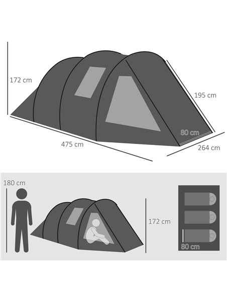 Outsunny Spacious Tunnel Tent for 3-4 Persons, Two-Room Camping Shelter with Windows, Ventilation Covers, Carry Bag, Black A20-2 - pic 65592 | FastDaddyshop