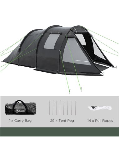 Outsunny Spacious Tunnel Tent for 3-4 Persons, Two-Room Camping Shelter with Windows, Ventilation Covers, Carry Bag, Black A20-2