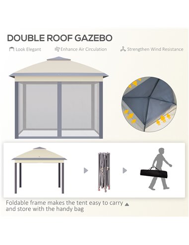 Outsunny 11' x 11' Pop Up Canopy, Double Roof Foldable Canopy Tent with Zippered Mesh Sidewalls, Height Adjustable and Carrying 