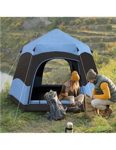 Outsunny Double Layer Dome Tent w/ Rainfly and Welded Floor, 4 Man Hexagon Pop Up Tent, Portable Camping Shelter w/ Hang Hook an