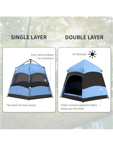 Outsunny Double Layer Dome Tent w/ Rainfly and Welded Floor, 4 Man Hexagon Pop Up Tent, Portable Camping Shelter w/ Hang Hook an
