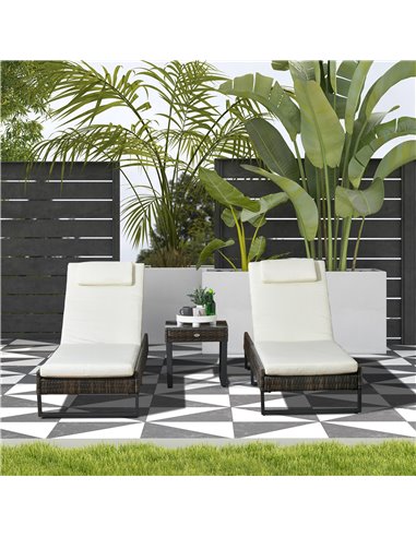 Outsunny Three-Piece Reclining Lounger Set, with Glass-Top Table - Cream 862-074V70CW