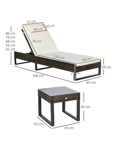 Outsunny Three-Piece Reclining Lounger Set, with Glass-Top Table - Cream 862-074V70CW