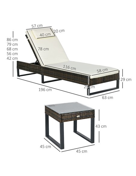 Outsunny Three-Piece Reclining Lounger Set, with Glass-Top Table - Cream 862-074V70CW - pic 65700 | FastDaddyshop