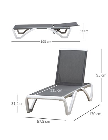Outsunny Portable Outdoor Chaise Lounge, with Adjustable Back, Breathable Texteline, Light Grey 84B-595GY