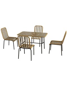 Outsunny 5 Pcs Rattan Outdoor Dining Set Patio Conservatory w/ Tempered Glass Tabletop Hollowed-out Design - Natural Wood Finish
