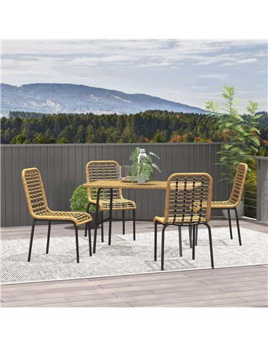 Outsunny 5 Pcs Rattan Outdoor Dining Set Patio Conservatory w/ Tempered Glass Tabletop Hollowed-out Design - Natural Wood Finish