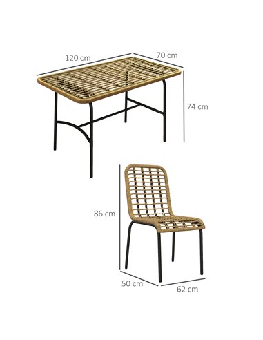 Outsunny 5 Pcs Rattan Outdoor Dining Set Patio Conservatory w/ Tempered Glass Tabletop Hollowed-out Design - Natural Wood Finish