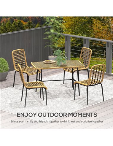 Outsunny 5 Pcs Rattan Outdoor Dining Set Patio Conservatory w/ Tempered Glass Tabletop Hollowed-out Design - Natural Wood Finish